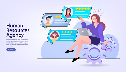 HR team work, human resources agency, headhunter service.  job listing website, post resume, find staff. Human resources. woman with laptop.  Job interview.