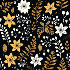 Seamless pattern with white and yellow flowers, leaves, and berries on a black background.