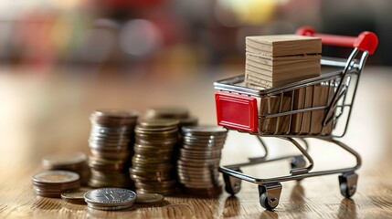 Shopping Cart with Wooden Blocks and Coins