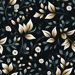 Seamless pattern with white flowers and leaves on a dark background.