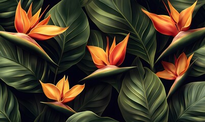 Lush Green Foliage with Vibrant Orange Bird of Paradise Flowers