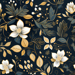 Seamless pattern with white flowers, gold leaves and blue background.