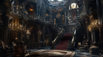 A photorealistic portrayal of the opulent interior of a Victorian Gothic mansion temple,