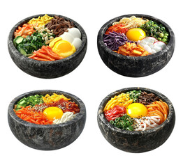 Set of bowls with different kinds of bibimbap on transparent background