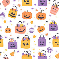 Halloween design featuring trick-or-treat bags, pumpkins, and candy on a white background