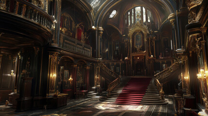Fototapeta premium A richly detailed, photorealistic scene inside a Victorian Gothic mansion temple, featuring