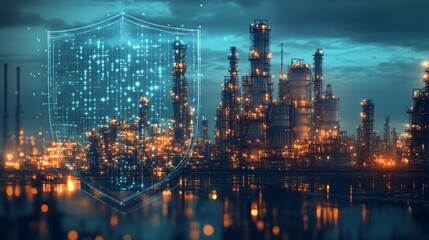 Fototapeta premium Industrial facility with a shield symbolizing protection, representing energy security and critical infrastructure protection for national safety. 