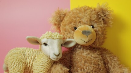 Teddy bear with a lamb pink and yellow background