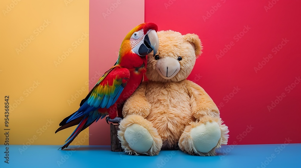 Wall mural Teddy bear with a macaw isolated on colorful background