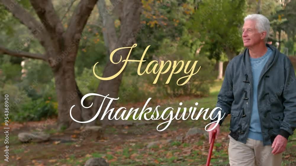 Canvas Prints Happy Thanksgiving text animation over elderly man walking in park with cane