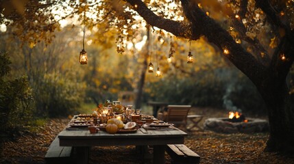 A rustic outdoor Thanksgiving dinner set up under the trees, with lanterns hanging from branches and a fire pit nearby