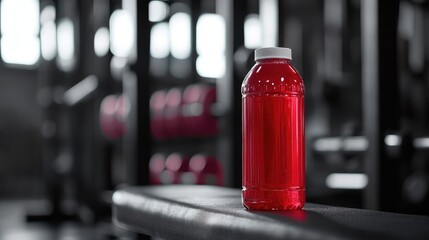 Close-Up of Blue Energy Drink Bottle on Gym Bench with Barbell in the Background