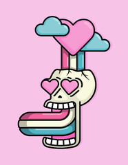 Cartoon Illustration of skull brainwashed by a rainbow coming out of a cloud of love. Can be used for birthdays, parties, Valentine Day, celebrations and printed on t-shirts, hoodies, tote bags