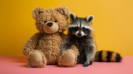 Fototapeta premium Teddy bear with a raccoon isolated on colorful background