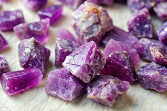 Vibrant purple lepidolite crystals scattered on a neutral background, showcasing their delicate, layered structure and