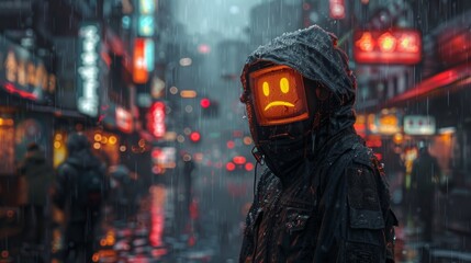 an anime cyberpunk man with a tube tv as a head, His face is the tv screen, determined emoji on face, He is wearing a black jacket and pants, neon city in background