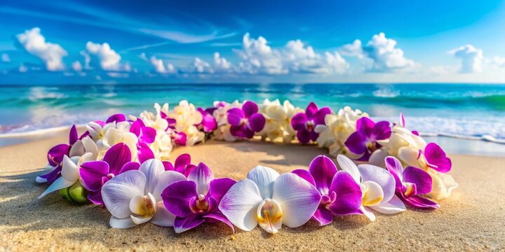 Vibrant purple orchids and delicate white flowers intertwine on a traditional Hawaiian lei, symbolizing love and