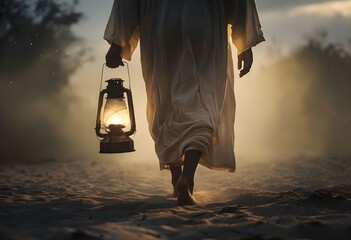 A man without sandals walks with a lantern.