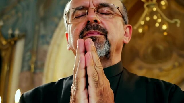 Middle aged Caucasian Catholic priest praying in Catholic church. A close-up captures the priest's peaceful expression, as he immerses himself in prayer, seeking divine wisdom and grace.