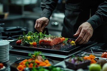 A chef is preparing a dish with salmon and vegetables on a black plate