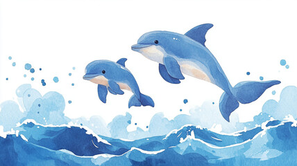 Fototapeta premium Dolphins playfully jump over ocean waves, showcasing joyful moment between father and calf. Their vibrant blue colors and splashing water create lively scene.