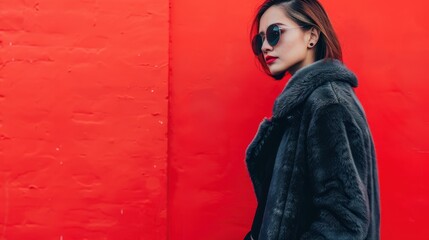 Fototapeta premium Stylish woman wearing oversized sunglasses and a luxurious black fur coat, posed against a striking red wall side profile shot.