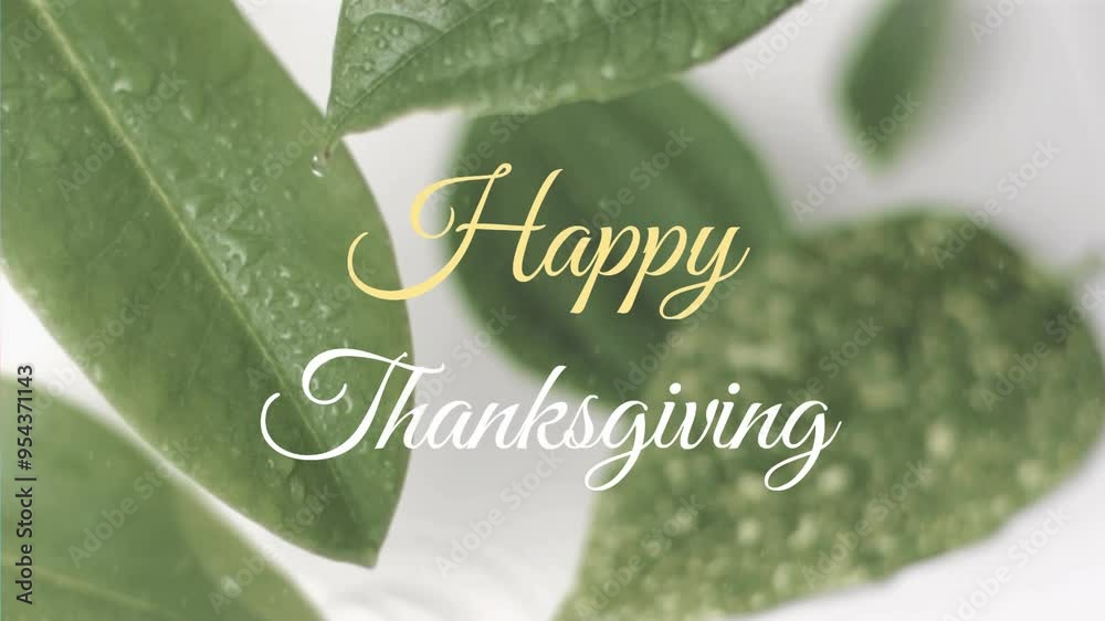 Canvas Prints Happy Thanksgiving text animation over green leaves with water droplets