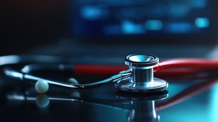 A close-up of a stethoscope on a reflective surface, symbolizing health care and medical technology.