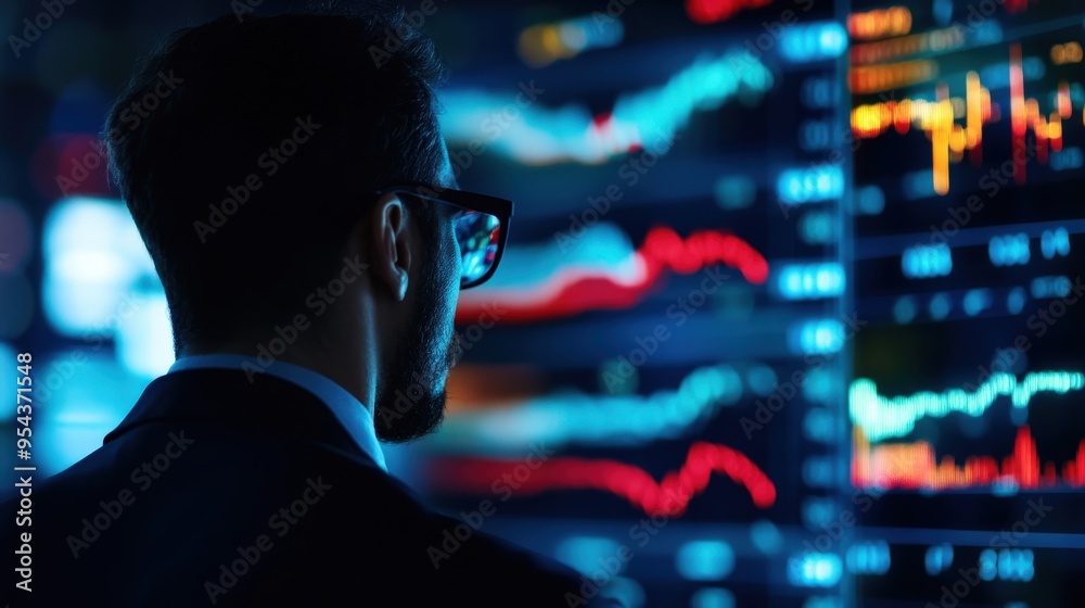 Wall mural a business professional analyzes market data on a digital screen, focusing on financial trends and s