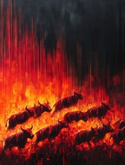 A dramatic scene of bulls running through a fiery landscape, symbolizing chaos and survival in extreme conditions.