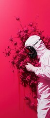 Fototapeta premium A figure in a protective suit interacts with vibrant pink flowers against a bold pink background, creating a striking visual contrast.