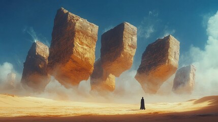 A solitary figure in a desert landscape with levitating rock formations