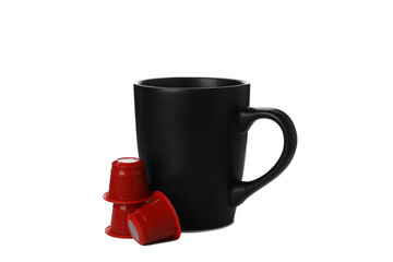 PNG, Red coffee capsules and black cup, isolated on white background