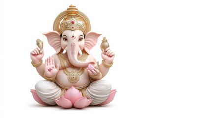 Lord Ganesha riding a mouse, holding a lotus in one hand, isolated on white background.