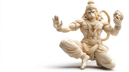 Majestic image of Lord Hanuman in mid-leap, carrying a mountain, symbolizing strength, isolated on white.