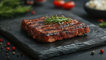 Grilled Steak on Rustic Stone Slab with Rosemary Garnish, Artisanal Food Presentation, Gourmet Dining, Steak Dinner, Restaurant Food, Culinary Art, Food Styling, Delicious Steak, Fine Dining
