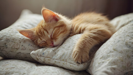 Cat is sleeping on the pillows 