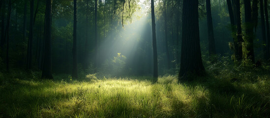 Obraz premium background of a forest surrounded by green meadows with light coming through the gaps in the trees, Ai generated images