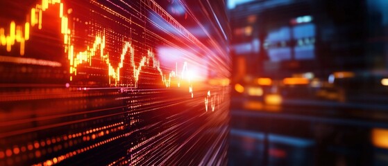 Obraz premium Dynamic stock market graph with vibrant red line, showcasing financial trends in a modern urban setting.