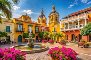 Historic Plaza de la Trinidad, with colonial-era architecture, vibrant flowers, and ornate fountains, is a picturesque gathering spot in Cartagena, Colombia's walled city.