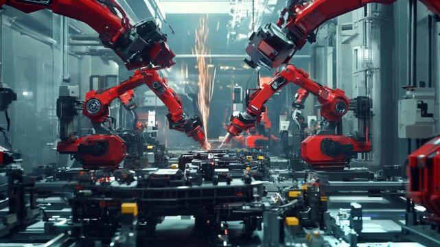 Two robots are working on a car in a factory