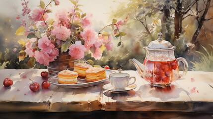 Beautiful watercolor of Teapot and teacup with delicate pastries, Tea Party in the garden