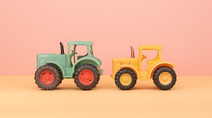 Toy farm tractor set isolated on amber and peach background