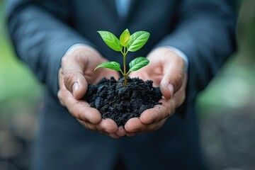 A man is holding a small plant in his hands. Concept of growth and new beginnings