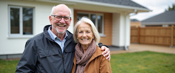 Happy senior couple smiling in front of their new home with copy space