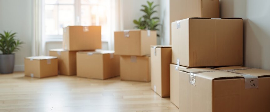 Cardboard Boxes Stacked Neatly Representing Moving Day in Bright Interior with Copy Space