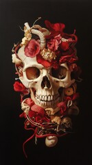 Fototapeta premium A striking skull adorned with intricate details, blending life and death in a captivating, artistic composition.