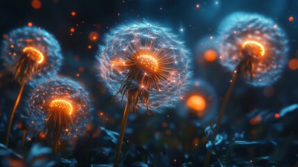 Illuminated Dandelion Seeds with Orange Glowing Lights in a Blue and Black Background