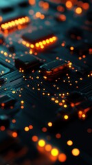 Obraz premium Abstract close-up of glowing circuitry with vibrant orange lights and intricate patterns, perfect for technology themes.
