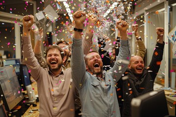 Obraz premium A group of men are celebrating with confetti and are smiling. Scene is happy and celebratory